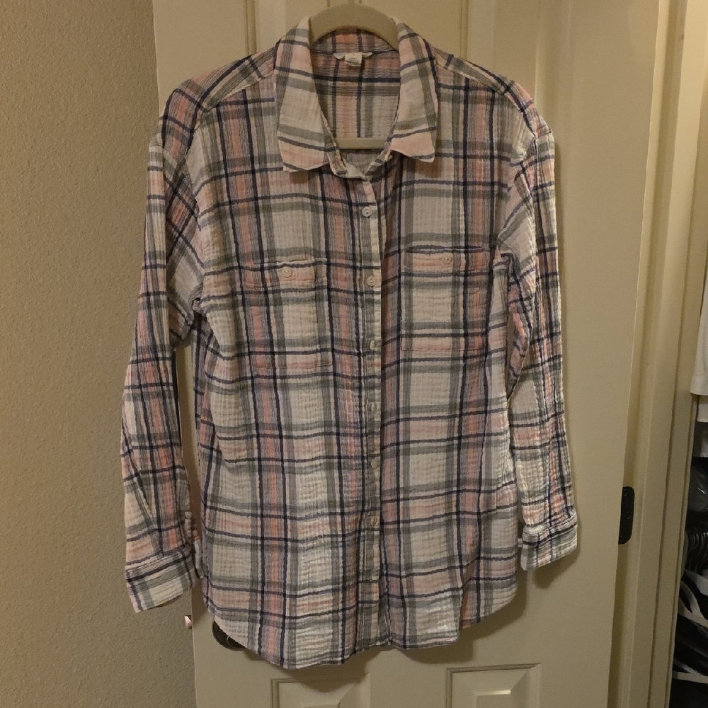 Pink and Blue Plaid Button-Up Shirt